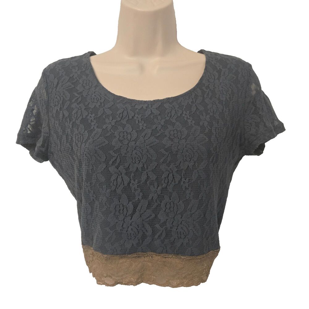 Y2K Lace Floral Crop Top M Contrast Gold Hem Sheer Whimsigoth Festival Indie